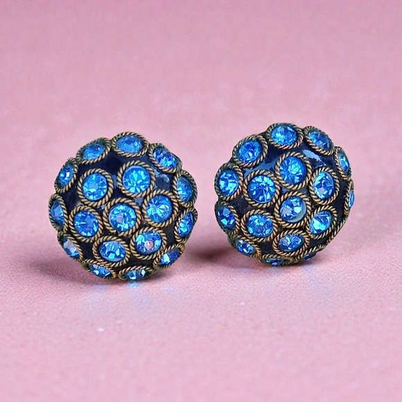 Vintage Jewelry - Vintage 1940s Bezel Set Blue Czech Glass Dome Earrings